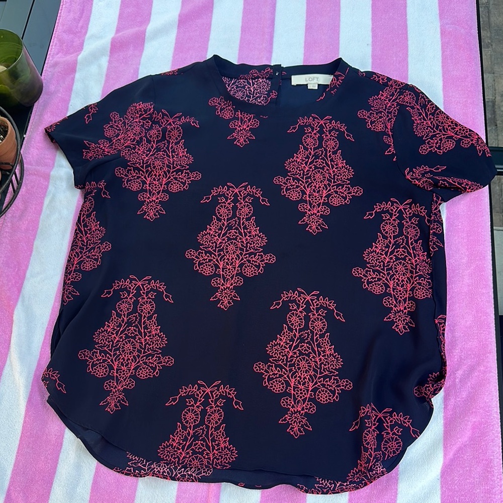 LOFT Black and Red Boxy Blouse with Mandarin Collar